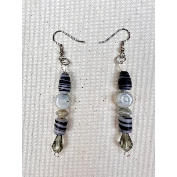 Boutique Handmade Black Striped Beaded Meteor Stacked Drop Earrings - Picture 4 of 4